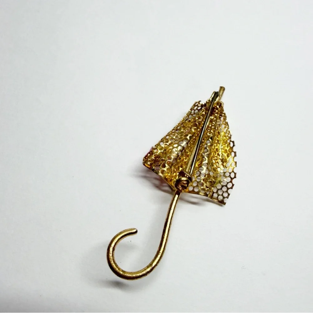 Vintage Gold Tone Umbrella Enamel Floral Ladybug Brooch - Picture 4 of 8